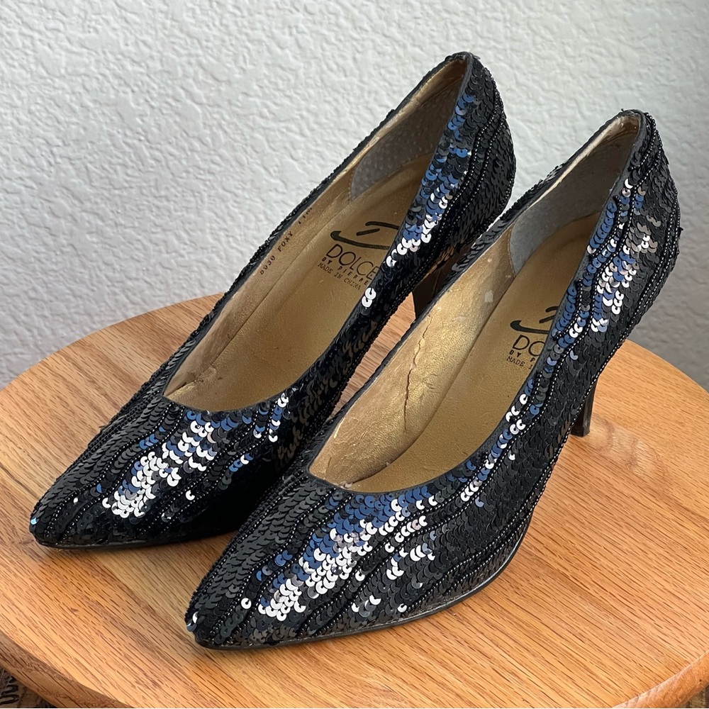 Vintage Dolce by Pierre Foxy Shimmering Black Sequin Heels Pumps Womens 11